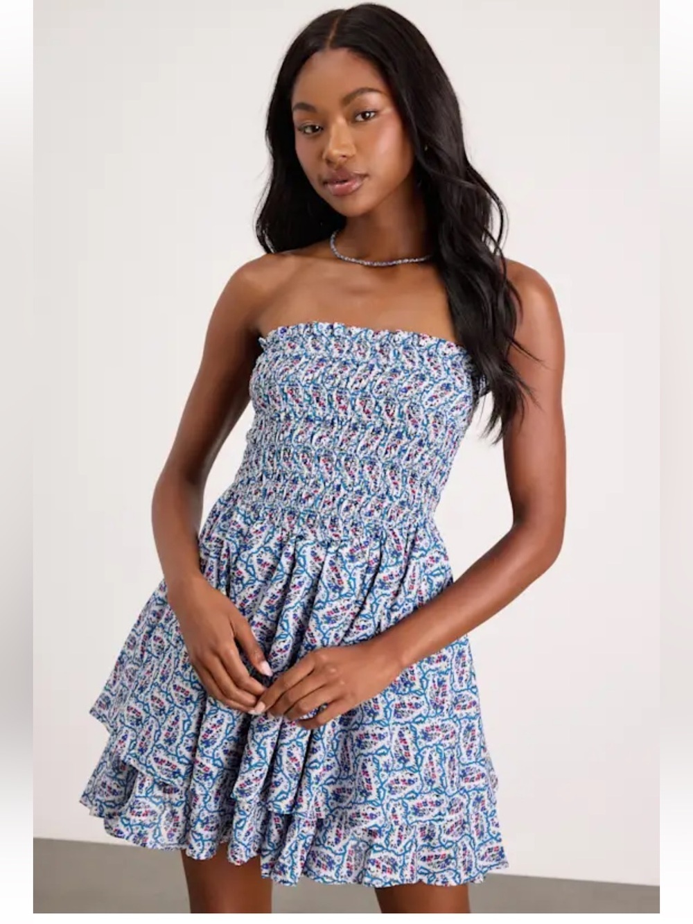 Lulus Carson Ivory and Blue Geometric Print Smocked Mini Dress